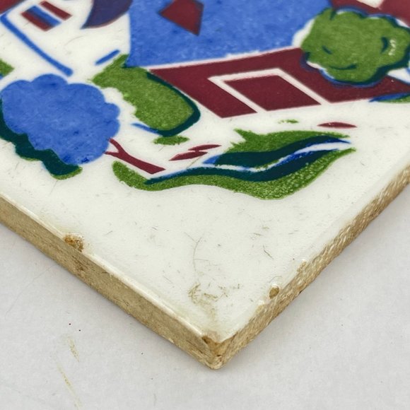 Vintage Wheeling Cushion Hand Painted Rural Village Scene 6" Square Tile Trivet - Picture 9 of 11